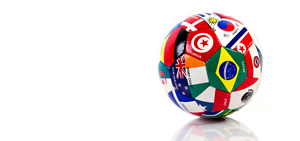 Soccer ball with reference to different countries around the world.